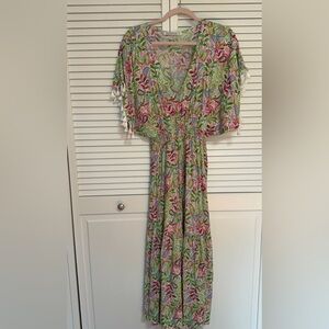 V-Neck Floral Maxi Dress with Tassel Sleeves in Green and Pink